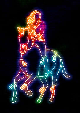 Neon Horse Rider on Brick Wall