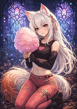 Anime Fox Girl with Cotton Candy