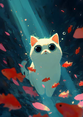 Cute Cat with Goldfish Digital Art