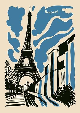 Eiffel Tower Illustration with Bonjour Text