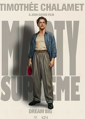 Movie poster: Timothée Chalamet, Marty Supreme