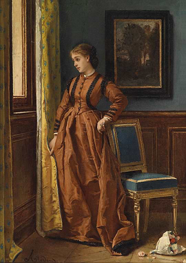 Woman in Brown Dress by Window