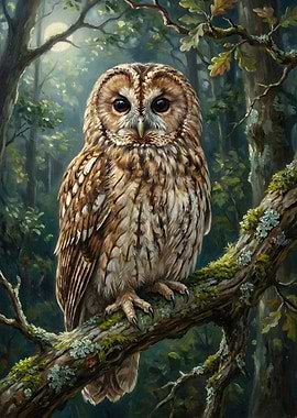 Owl Perched on Branch in Forest