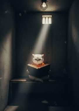 Cat Reading Book in Prison Cell