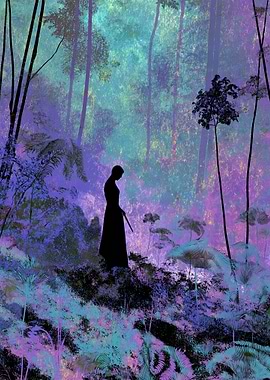 Silhouette in a vibrant forest landscape