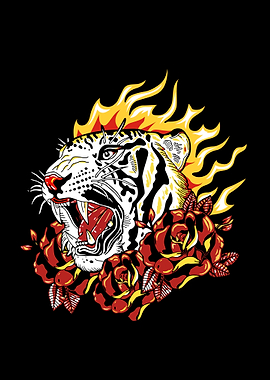 Tiger with Flames and Roses Illustration