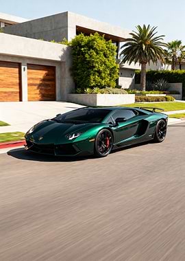 Green Lamborghini Aventador in front of house