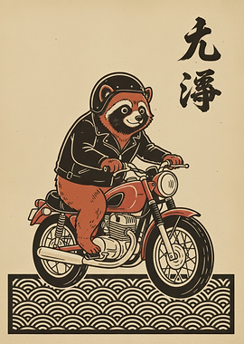 Raccoon Biker Illustration with Japanese Text