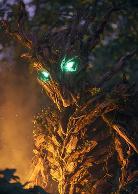 Mystical Tree Creature with Glowing Eyes