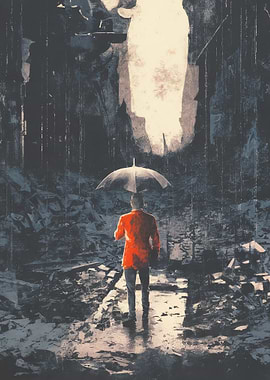 Man with Umbrella in Ruined City