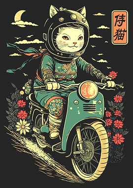 Samurai Cat Poster, Cute Cat Riding Scooter Art, Teal Japanese Illustration Wall Print