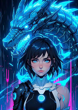 Cyberpunk Girl with Mechanical Dragon