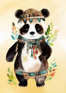 Watercolor Panda with Native American Headdress