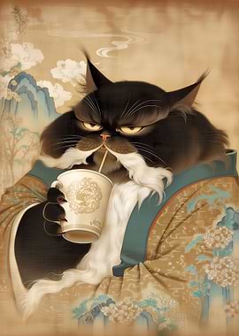 Zen Black Cat Sage Drinking Coffee