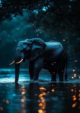 Elephant in Water with Bokeh Lights