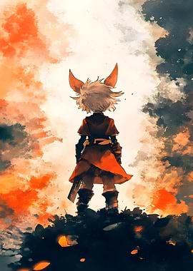 Fox-eared warrior stands against fiery backdrop