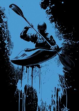 Kayaker in Action, Blue and Black