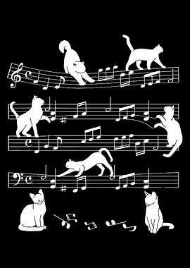Cats On Music Notes Poster, Black & White Musical Art Print, Piano Lover Wall Decor