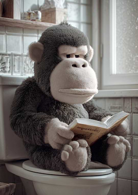 Stuffed Monkey Reading on Toilet