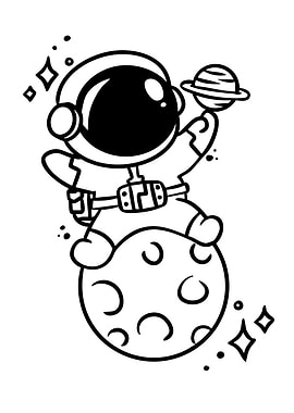 Cartoon Astronaut on Moon with Planet