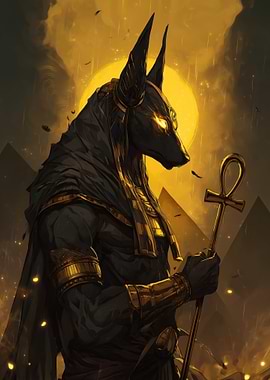 Anubis with Ankh in Golden Light
