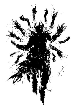 Silhouette of a horned, multi-armed figure