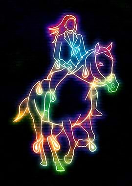 Neon Horse Rider on Brick Wall