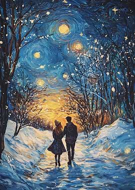 Winter Walk Under Starry Night Painting