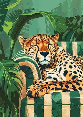 Sleeping Cheetah on Striped Couch