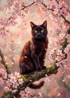 Black Cat in Cherry Blossom
