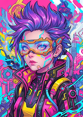 Cyberpunk Girl with Goggles and Neon