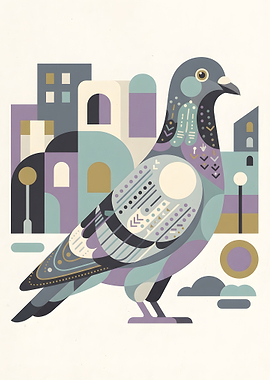 Stylized Pigeon Illustration with Cityscape