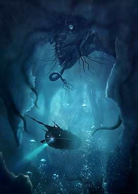 Underwater Exploration with Submarine and Creature