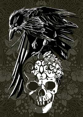 Raven Perched on Skull