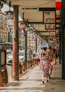 Kyoto Street Scene with Kimono-Clad Women