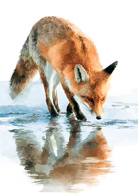 Fox drinking water watercolor painting