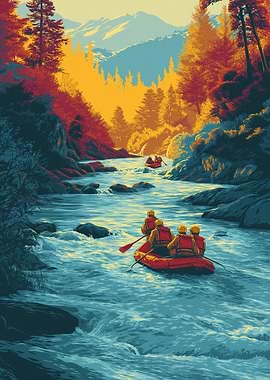 River Rafting Adventure in Autumn Landscape