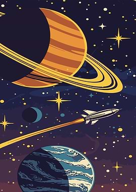 Retro Space Rocket and Planets