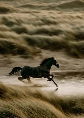 Galloping Horse in Coastal Landscape