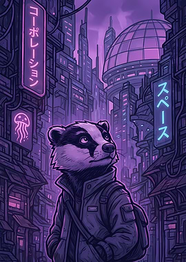 Cyberpunk Badger in Futuristic Cityscape