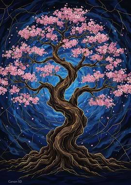 Cherry Blossom kintsugi Tree Against Blue Background