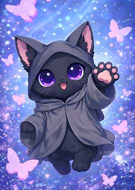 Cute Black Cat with Butterflies