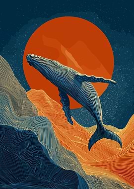 Whale soaring over abstract landscape