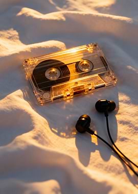 Cassette Tape and Earphones on Fabric