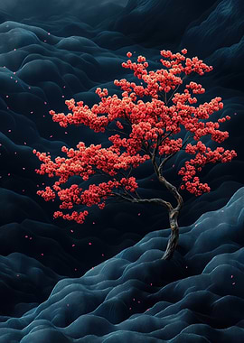 Red Blossom Tree on Blue Hills