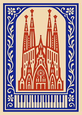 Sagrada Familia Illustration with Floral Border