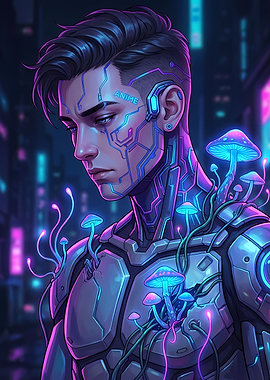 Cyberpunk Anime Boy with Glowing Mushrooms