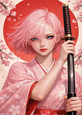 Cherry Blossom Samurai with katana