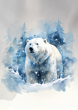 Watercolor Polar Bear in Winter Forest