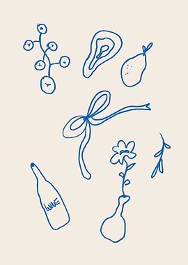 Blue Line Art: Wine and Flowers